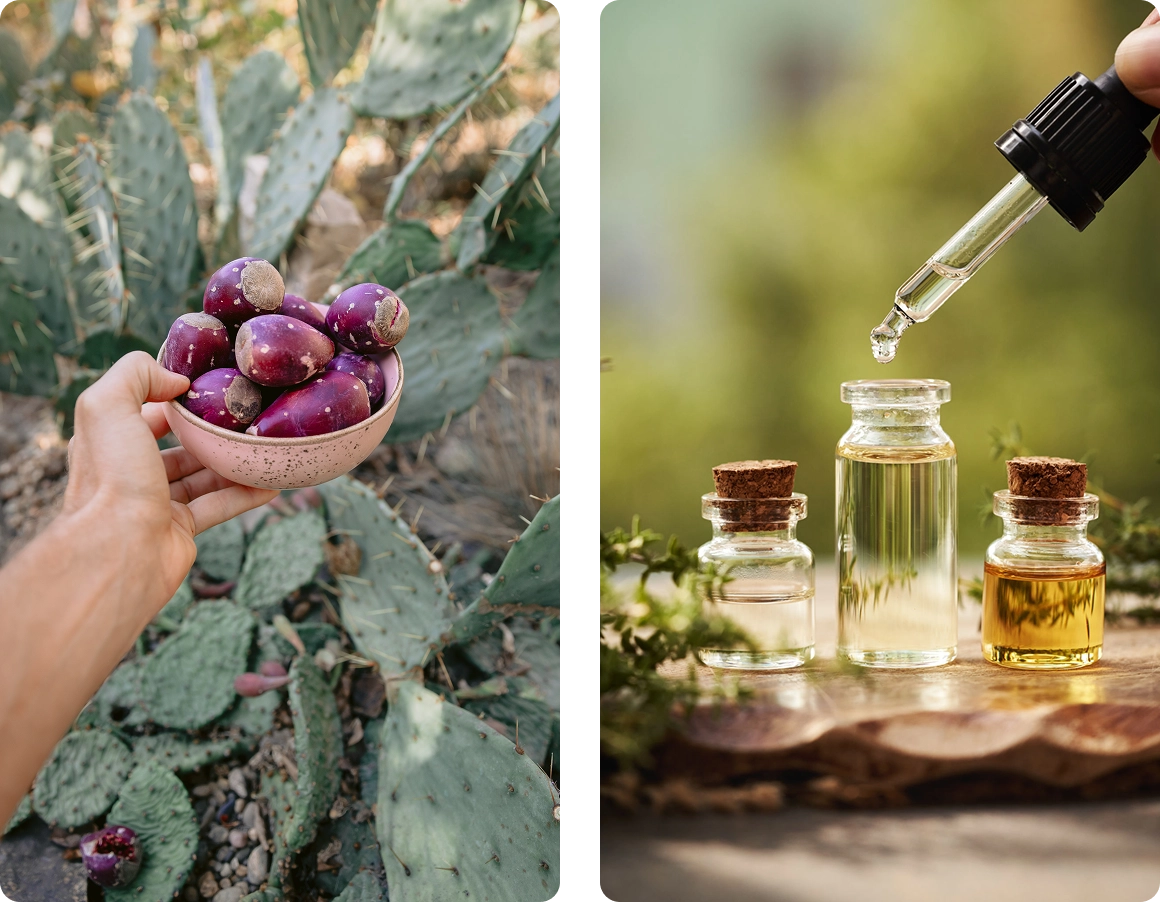 Prickly pears and essential oils on display.