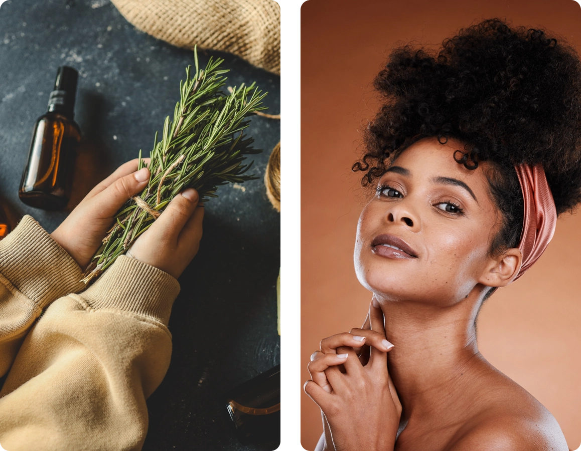 Hands holding rosemary; woman with curly hair.
