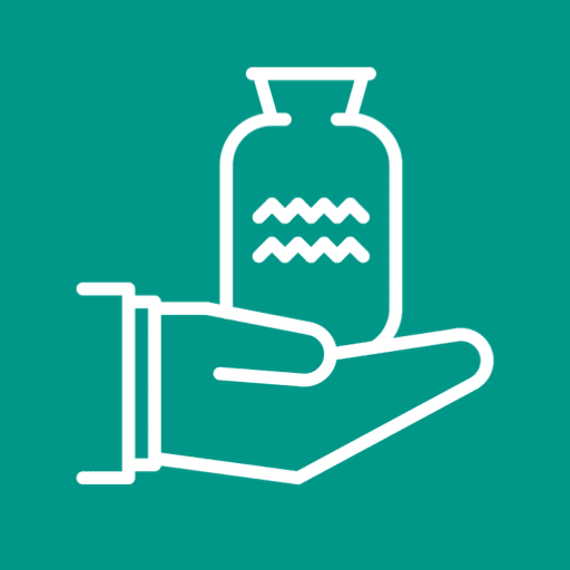 Hand holding a bottle icon on teal.