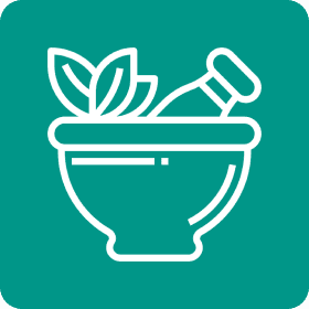 Herbal medicine icon with leaves and bottle.